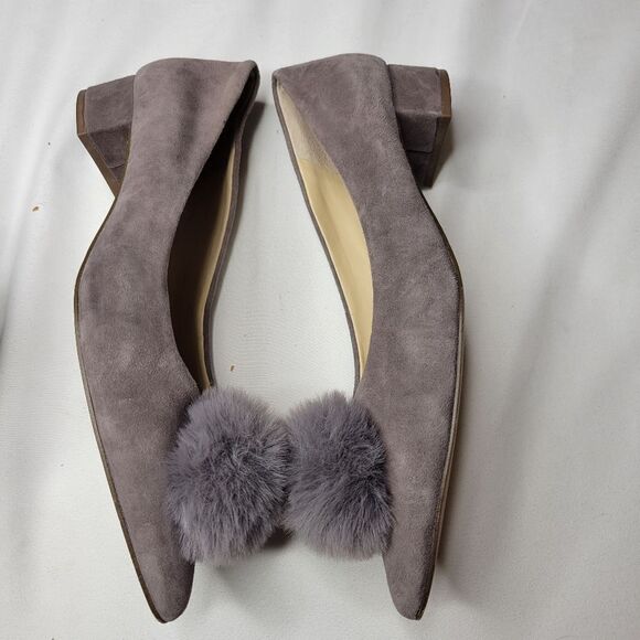7 SOLE SOCIETY suede pom pointed leather block heel pointy flats w/ faux fur - Picture 5 of 14